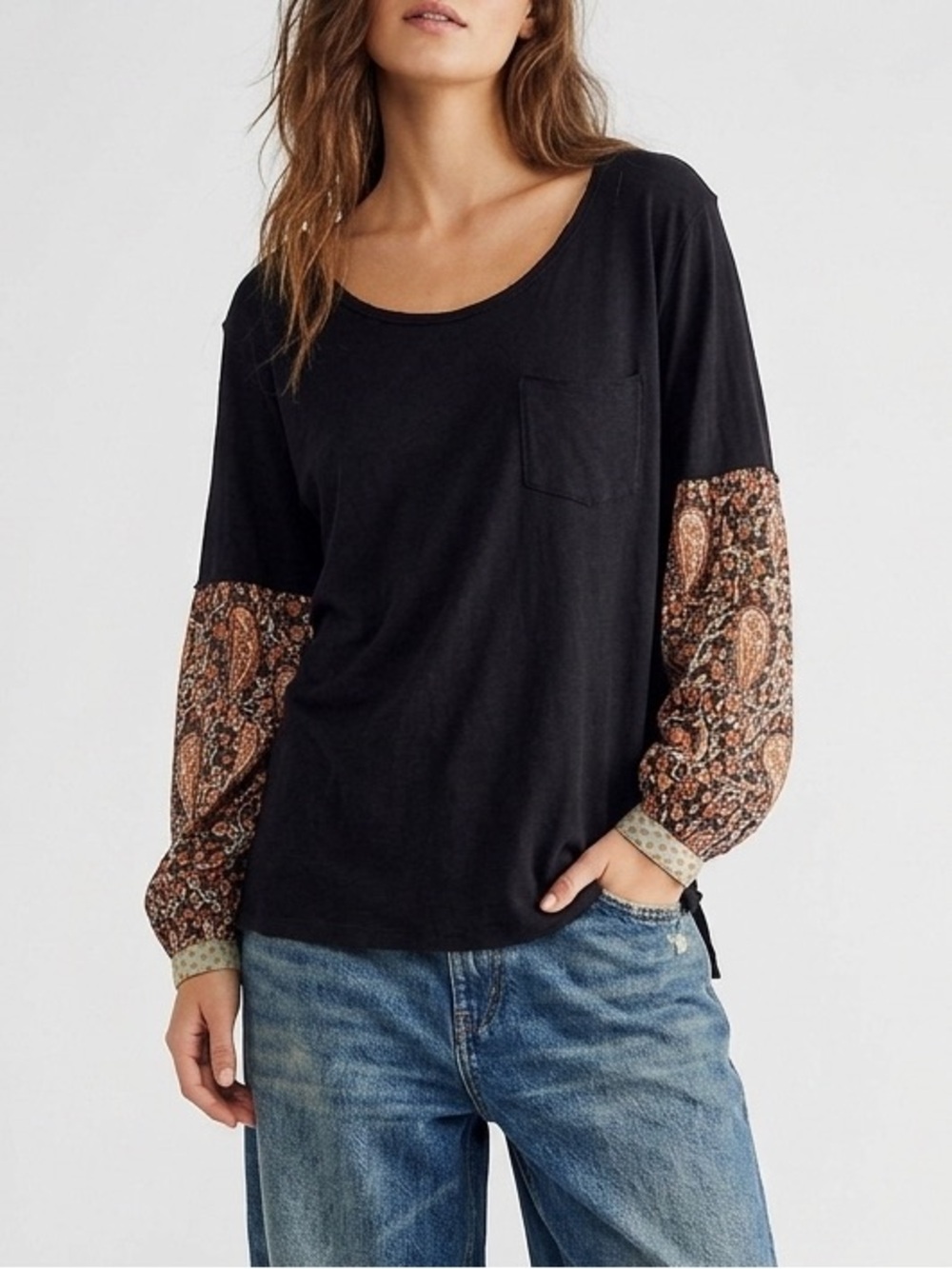 Free People We The Free Jade Paisley Top Black XS Boho Chic Elevated Casual